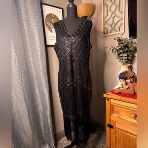 BABEYOND 1920s Style Flapper Black Sequin Midi Dress